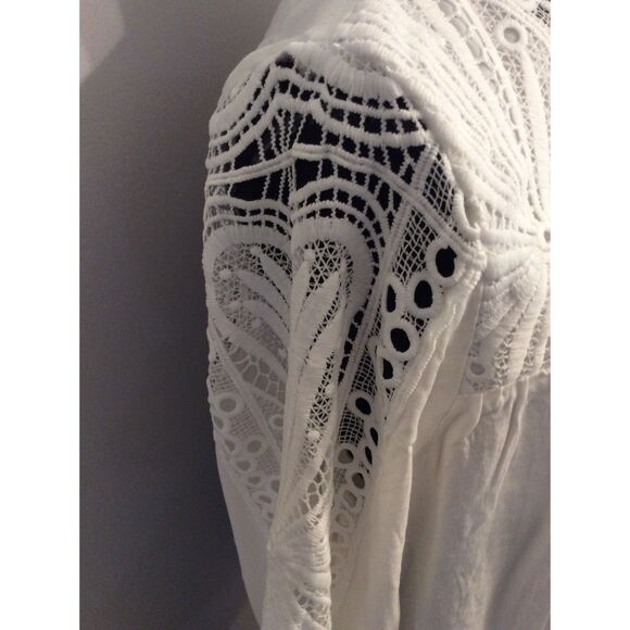 Cactus And Pearl Medium White Pleated Tunic Top Ruffled Lace Sleeves Bib Collar - Picture 6 of 6